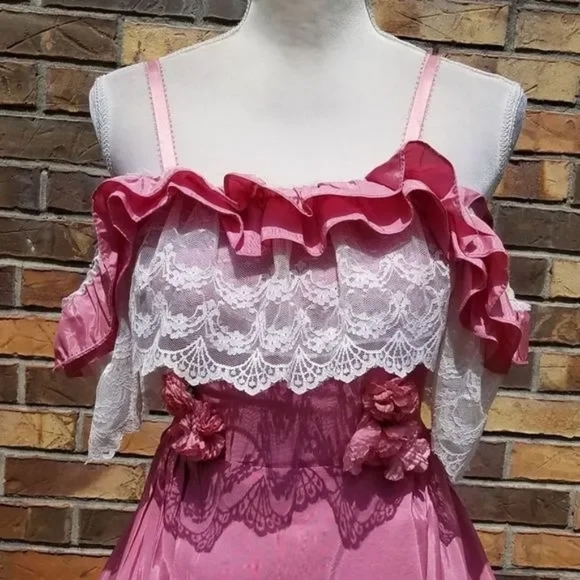Dance Allure Rare Vintage 1980s Pink Lace Cold Shoulder Antebellum Hoop Dress M - Picture 4 of 12